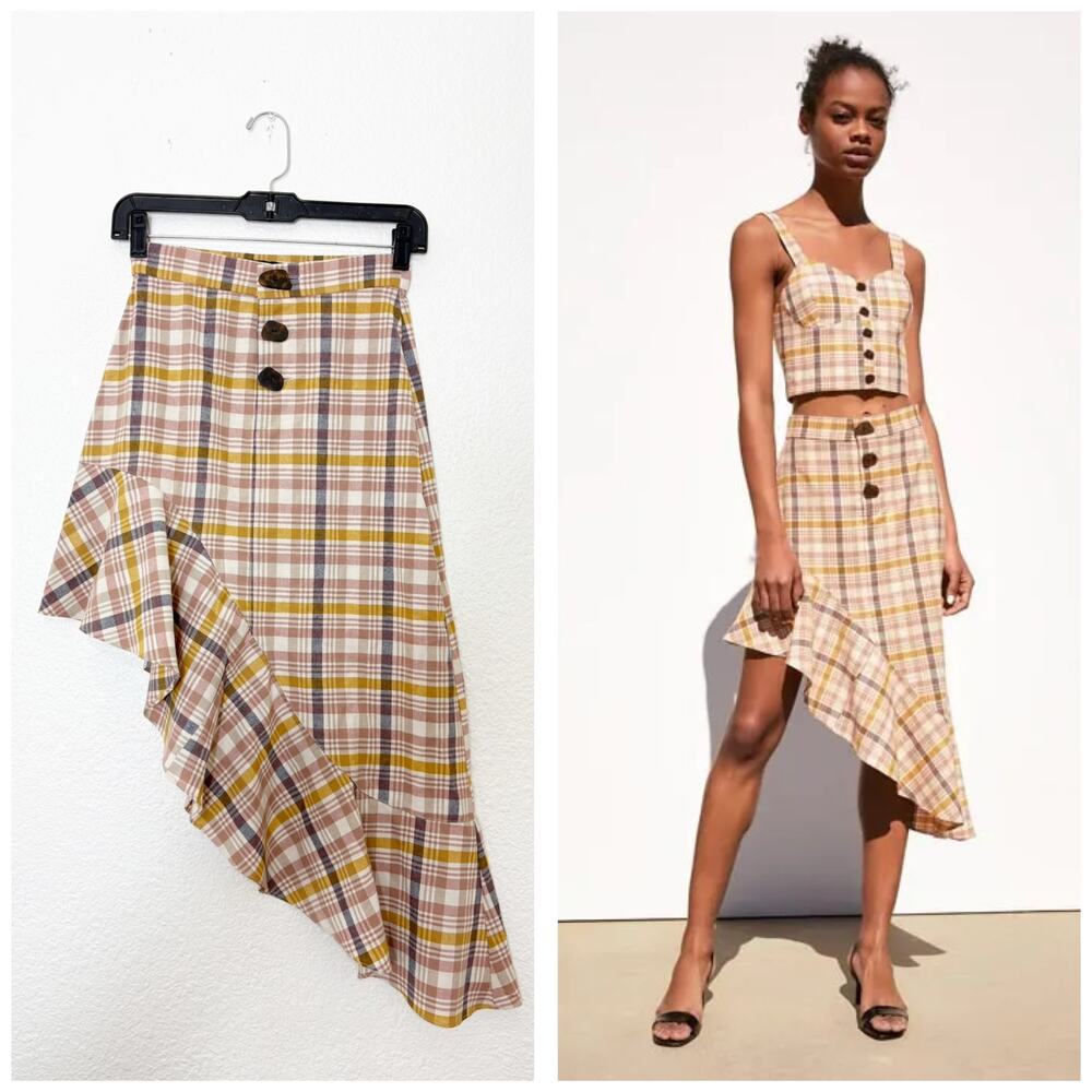 Zara Plaid Asymmetrical Hem Ruffle Midi Skirt Size XS 2441/028 Pink Yellow